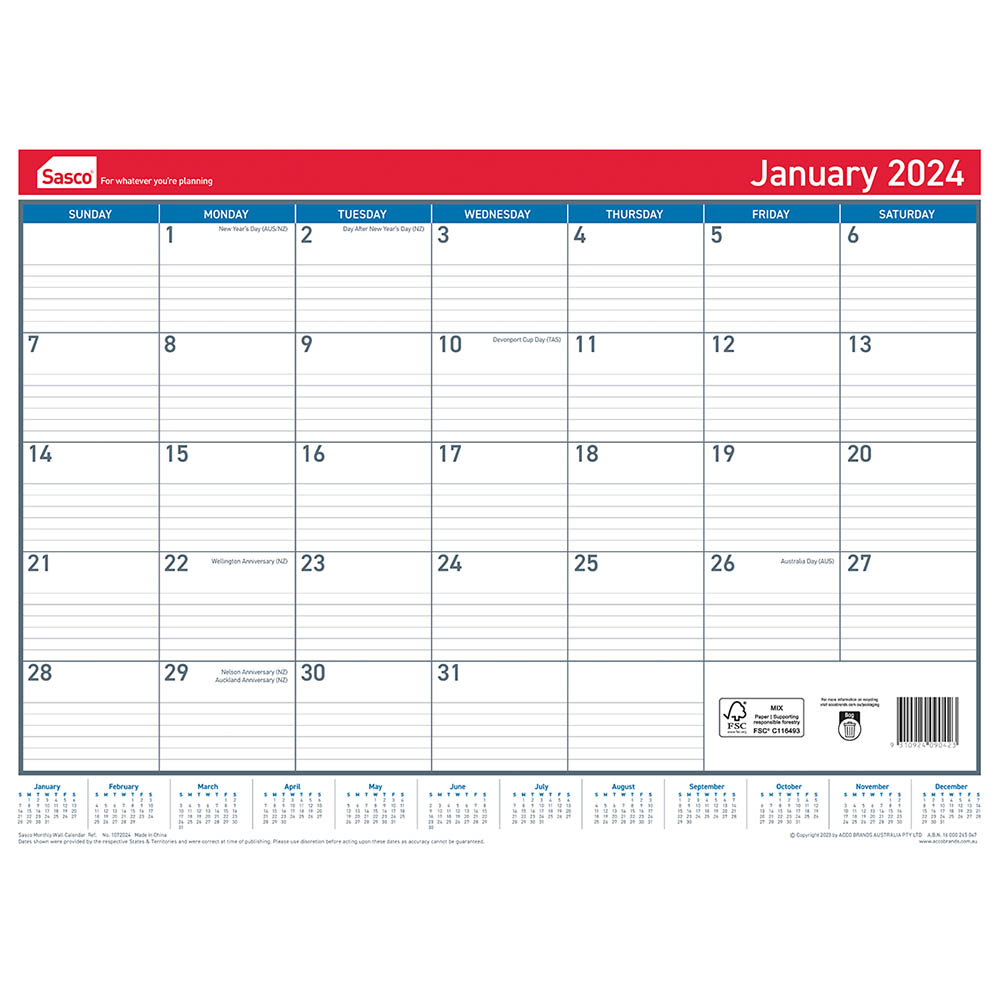 SASCO 2026 WALL CALENDAR MONTH TO VIEW 530 X 395MM