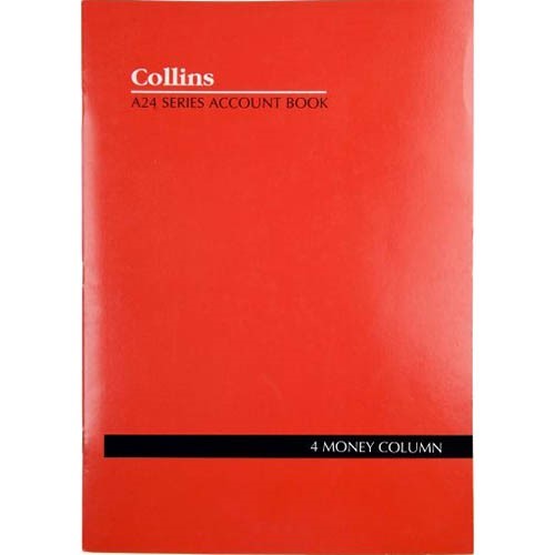 COLLINS A24 SERIES ACCOUNT BOOK 4 MONEY COLUMN FEINT RULED STAPLED 24 LEAF A4 RED
