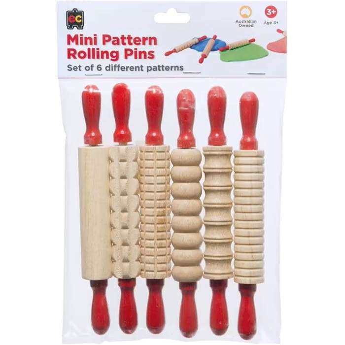 EDUCATIONAL COLOURS MINI PATTERN ROLLING PINS RED PACK 6