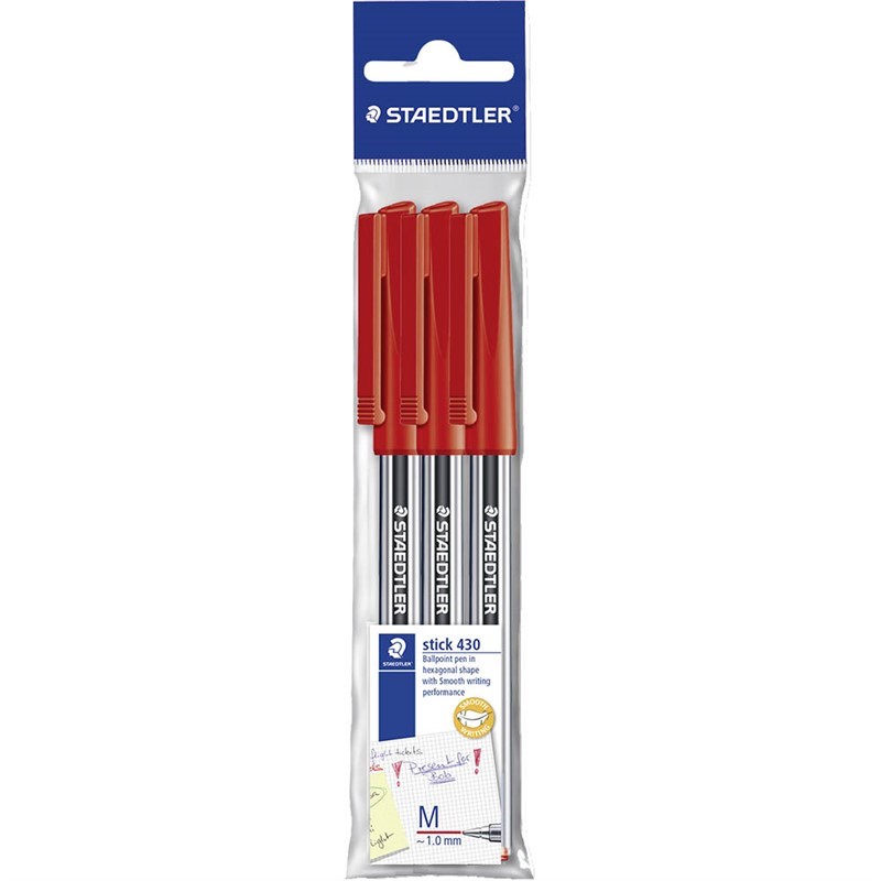 STAEDTLER 430 STICK BALLPOINT PEN MEDIUM RED PACK 3