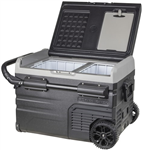 35L BRASS MONKEY PORTABLE DUAL ZONE FRIDGE AND FREEZER WITH SOLAR CHARGER BOARD PLUS HANDLES  WHEELS AND SUPPORT REMOVABLE BATTERY