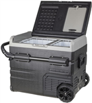 45L BRASS MONKEY PORTABLE DUAL ZONE FRIDGE AND FREEZER WITH SOLAR CHARGER BOARD PLUS HANDLES  WHEELS AND SUPPORT REMOVABLE BATTERY