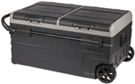 95L BRASS MONKEY DUAL ZONE PORTABLE FRIDGE OR FREEZER WITH SOLAR CHARGER BOARD PLUS HANDLEWHEELS AND BATTERY COMPARTMENT