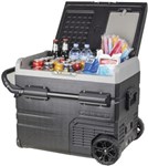 45L BRASS MONKEY PORTABLE DUAL ZONE FRIDGE AND FREEZER WITH SOLAR CHARGER BOARD PLUS HANDLES  WHEELS AND SUPPORT REMOVABLE BATTERY