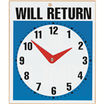 HEADLINE SIGN WILL RETURN CLOCK 190 X 230MM BLUEBLACKWHITE